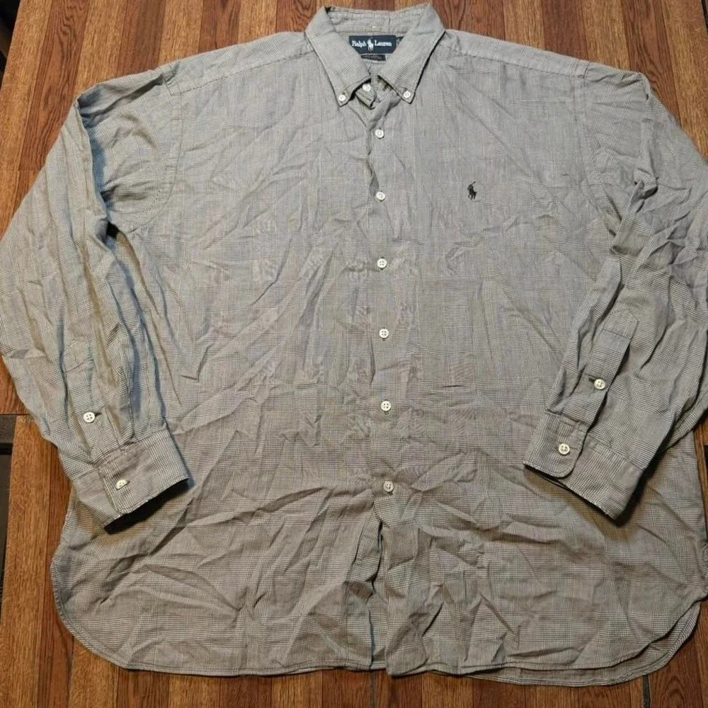 Polo Ralph‎ Lauren Black White Plaid Meel Button Polo Long Sleeve Dress Shirt XL